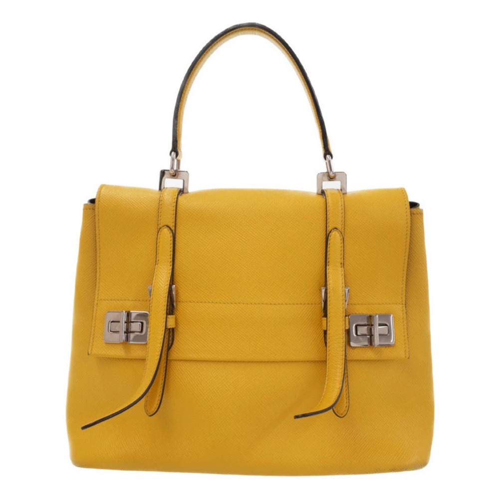 Prada Saffiano Cuir leather double turnlock top handle bag Yellow